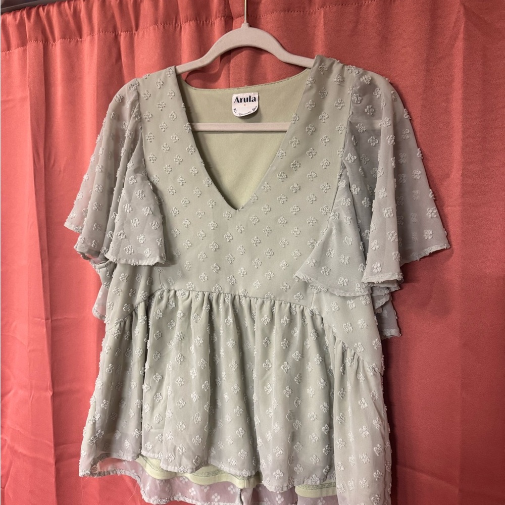 ARULA Sage Green V-Neck Flutter Sleeve Peplum Blouse